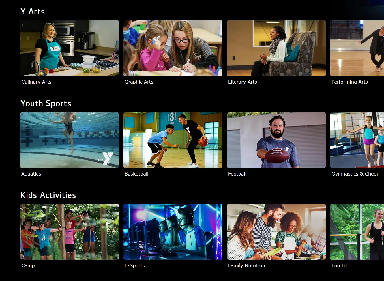 Screenshot of YMCA360 video categories including Y Arts, Youth Sports, and Kids Activities.