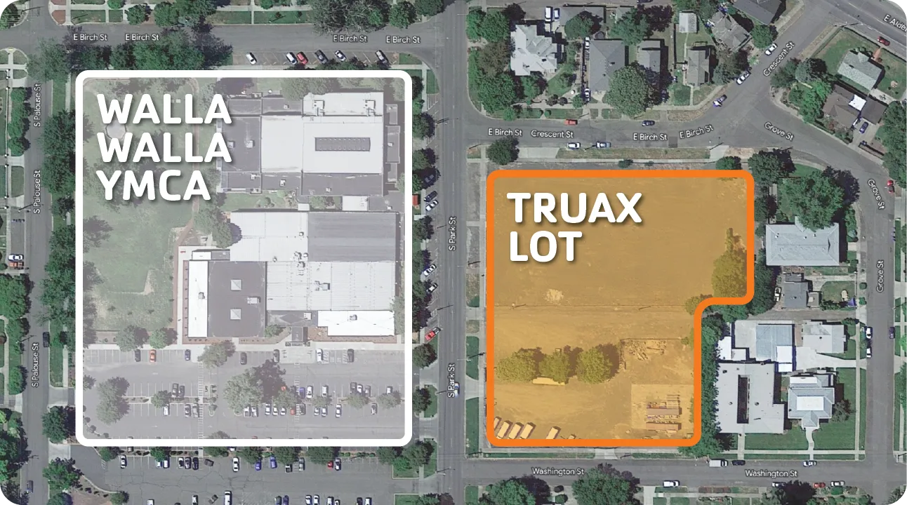 Satellite overview of the Walla Walla YMCA (left) and the Truax Block (right) outlined to show their distinct boundaries, separated by S Park St.