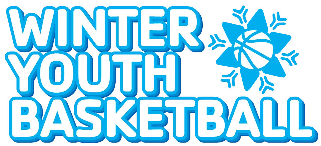 The words "Winter Youth Basketball" in white, outlined by three shades of blue on a clear or white background. To the top right, a simple basketball graphic is incorporated into a snowflake design.