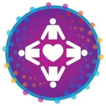 Four people holding hands around a heart