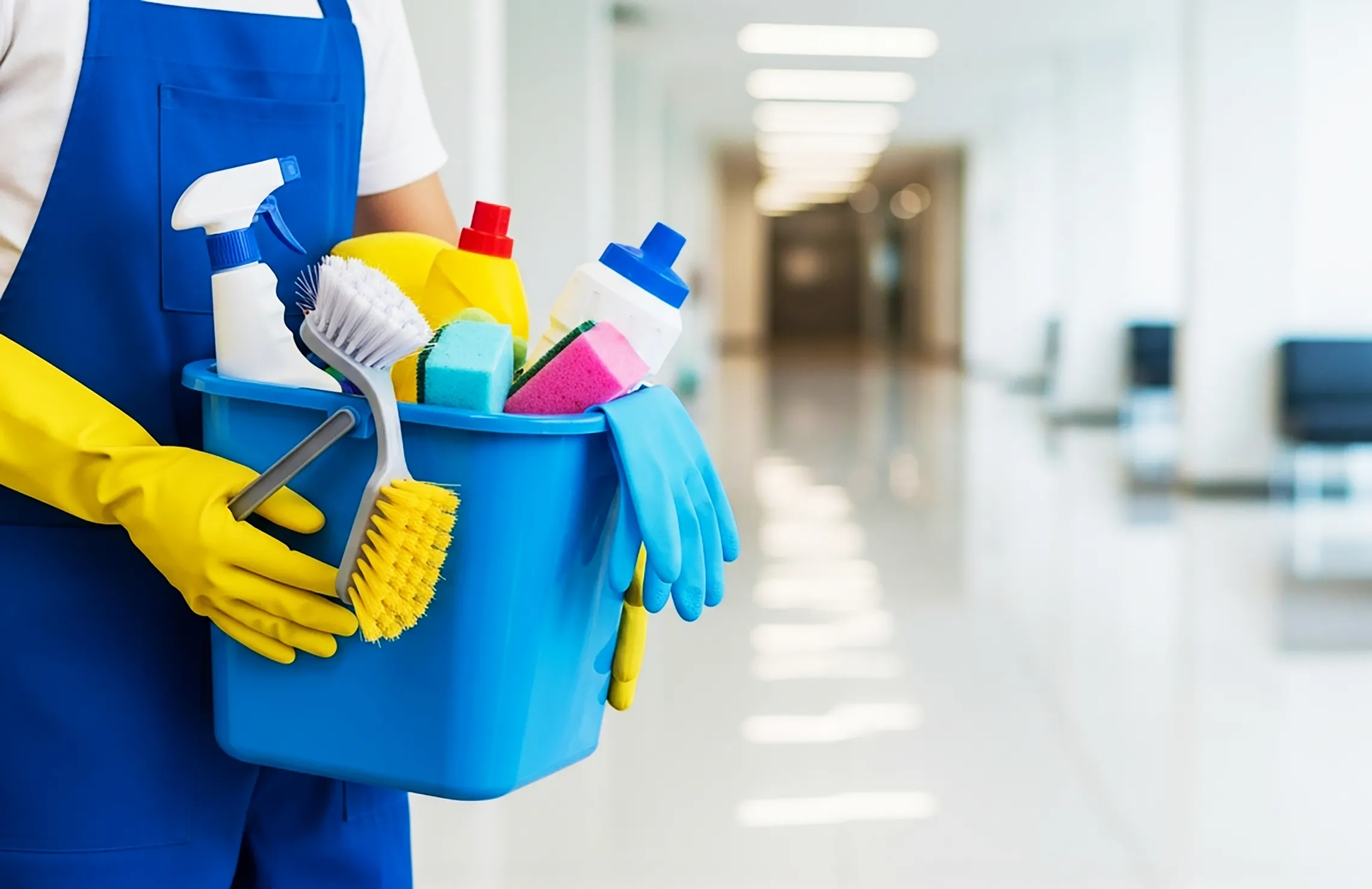 Someone holding a bucket of cleaning supplies 