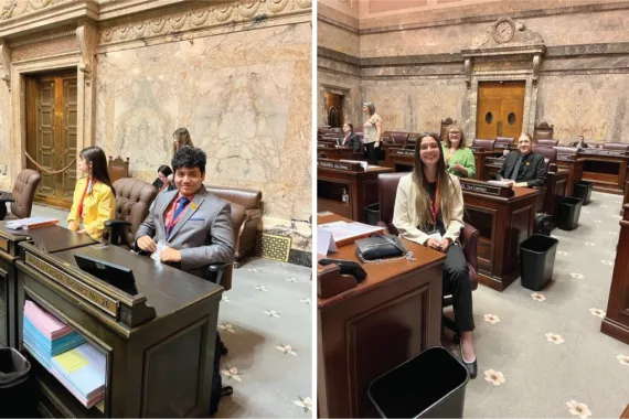 Two images of professionally dressed teenagers sitting behind solid wooden desks inside a main room of the Washington State Capitol building.