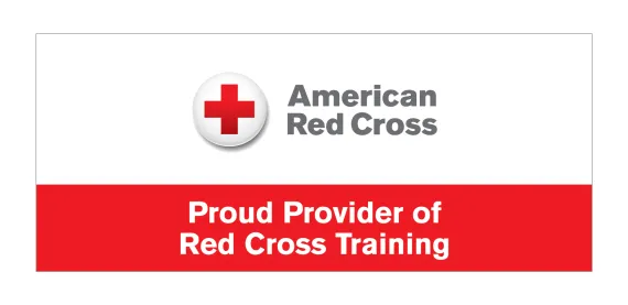 A rectangular image with two segments. On the top, a red plus icon to the left of the gray text "American Red Cross" on a white background. Beneath, the white text "Proud Provider of Red Cross Training" on a red background.