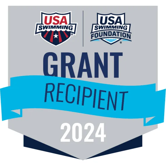 A gray graphic with a blue banner running horizontally through the center. Large text reads "Grant Recipient 2024". Two small logos at the top read "USA Swimming" and "USA Swimming Foundation".